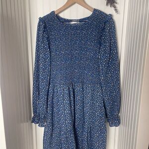 Blue Floral Long-Sleeve Smocked Waist Dress